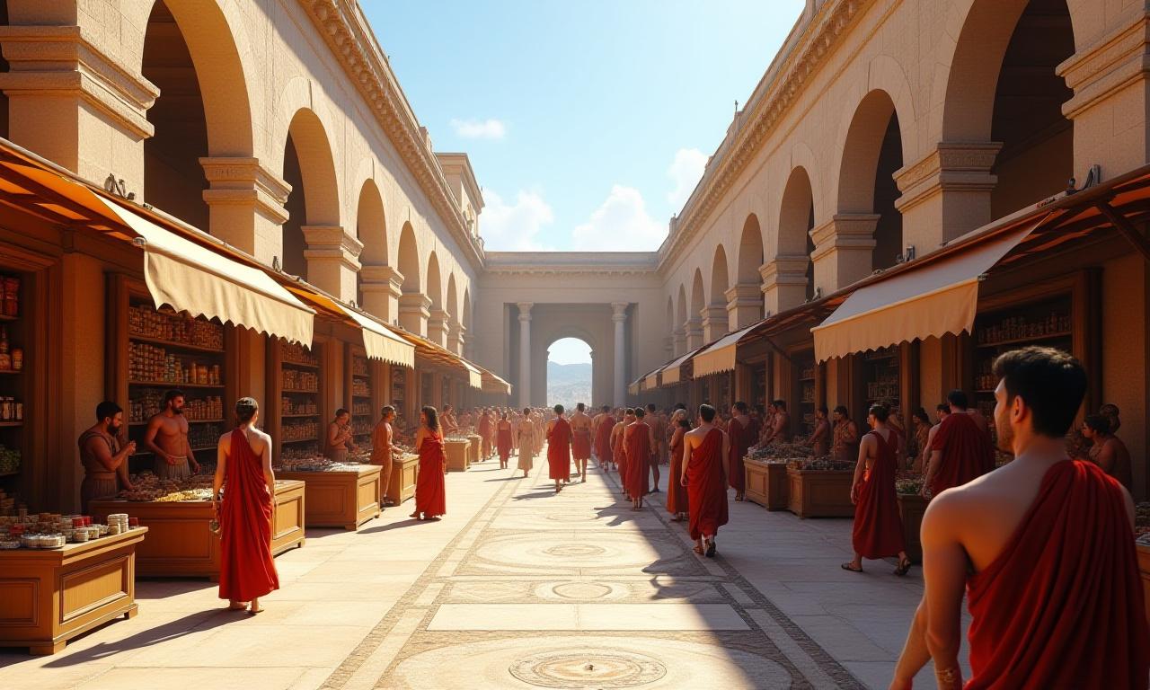 Render 3D fotorealistico della ricostruzione di un emporio nell'antica Ostia, con merci esposte e personaggi che interagiscono nel mercato romano.