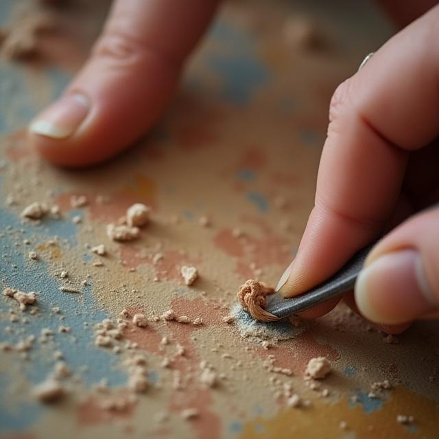 Dettaglio ravvicinato di un delicato restauro di un affresco romano, dove le dita di un restauratore sono visibili mentre puliscono una superficie pittorica.